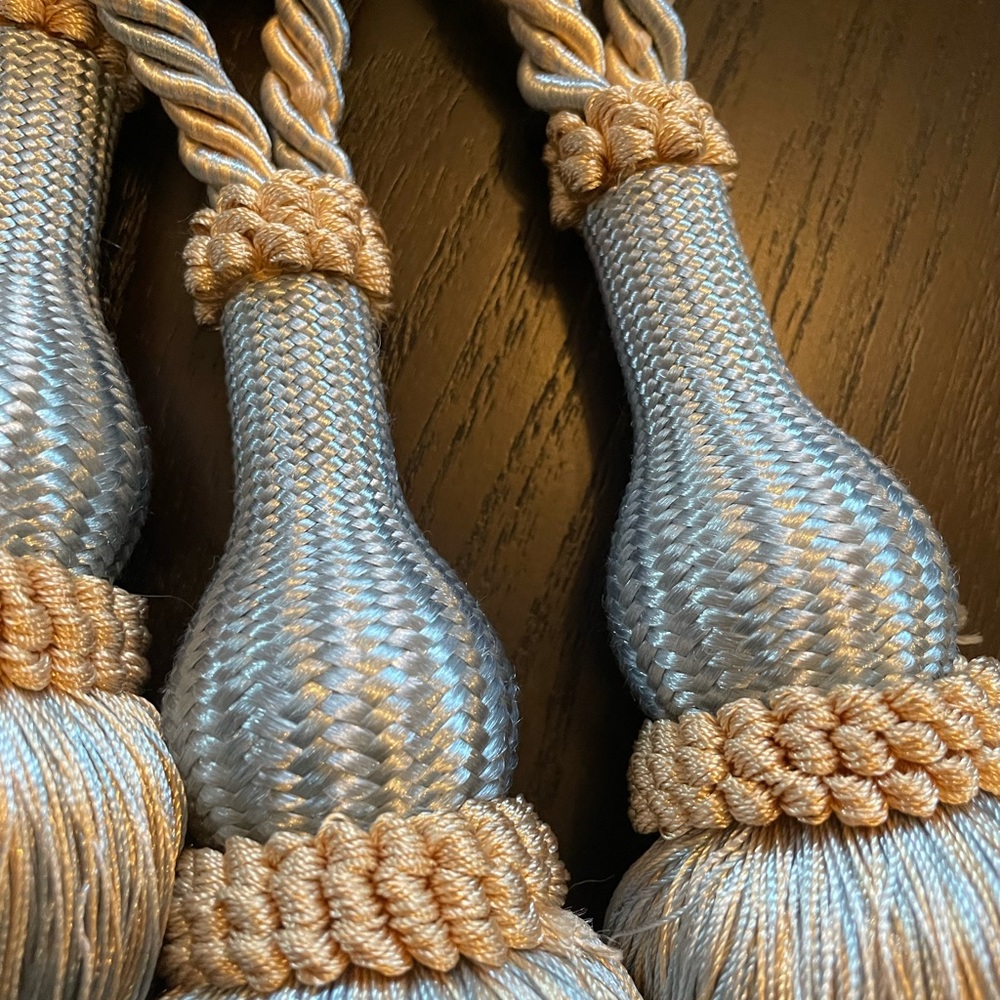 Set of 4 hanging decor tassels for curtains. Beautiful blue and beige-gold tones